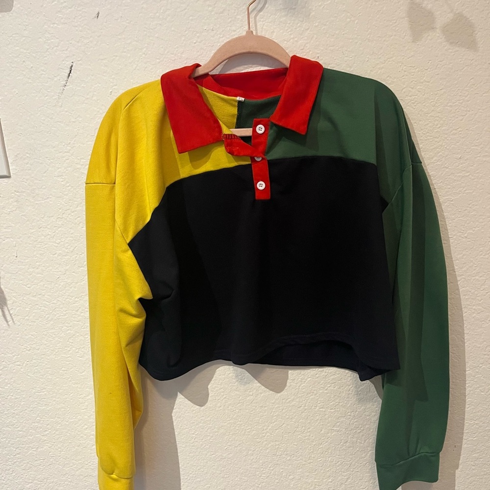 cropped color blocked long sleeve shirt—XL